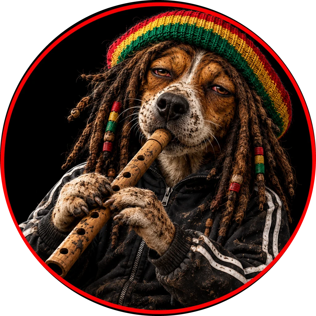 Perro con gorro rasta y chándal tocando una flauta dulce
